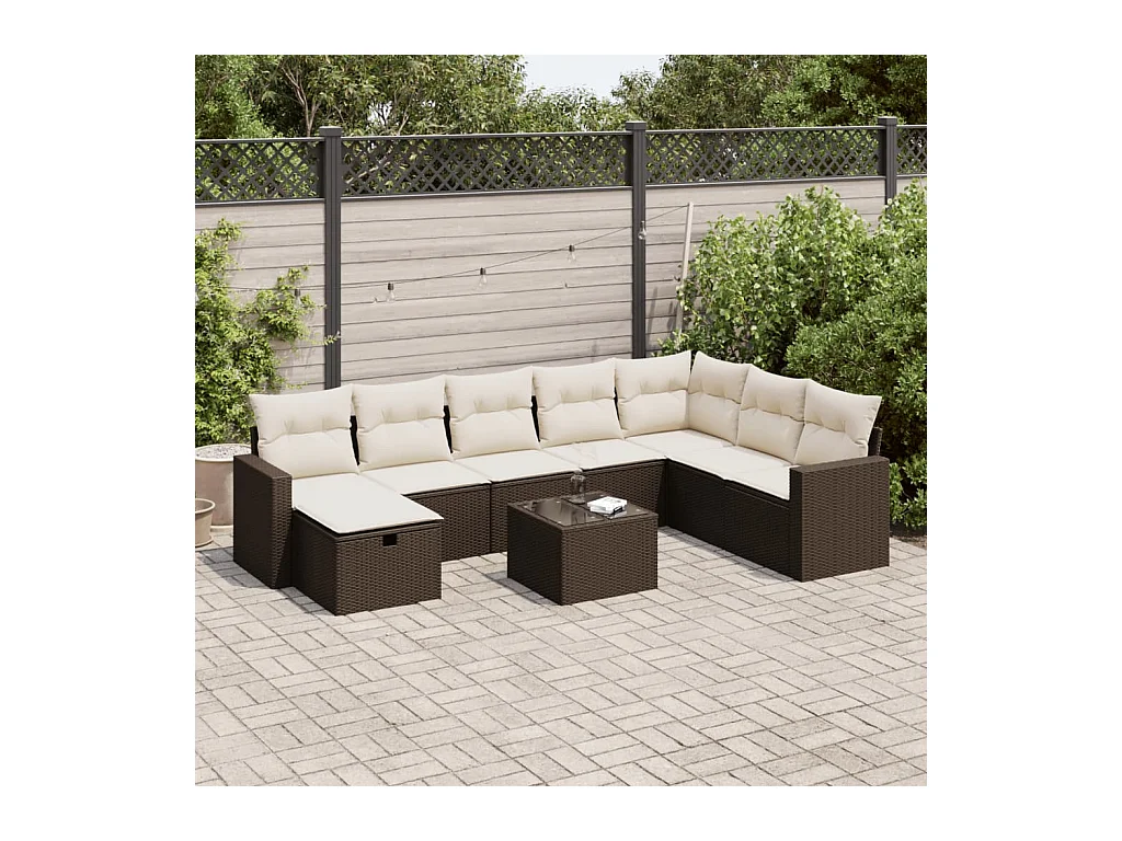 9-delige Loungeset met kussens poly rattan bruin