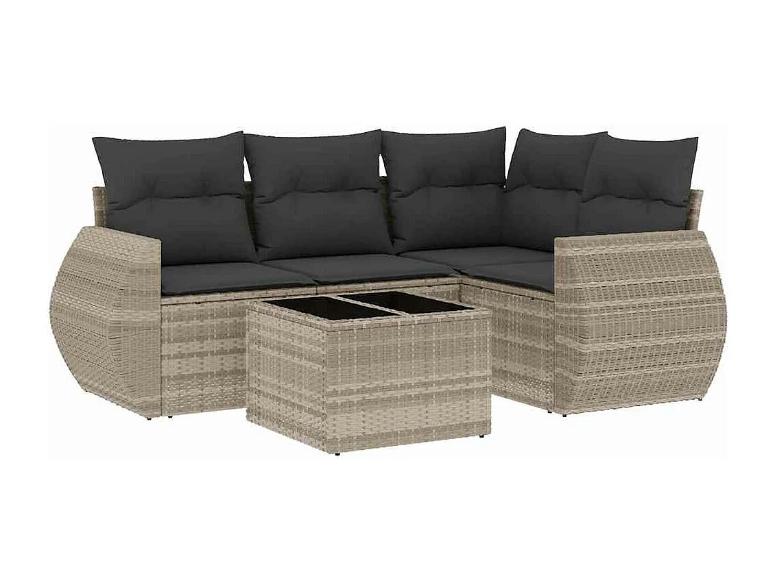 Salon de jardin 5 pièces avec coussins gris clair résine tressée