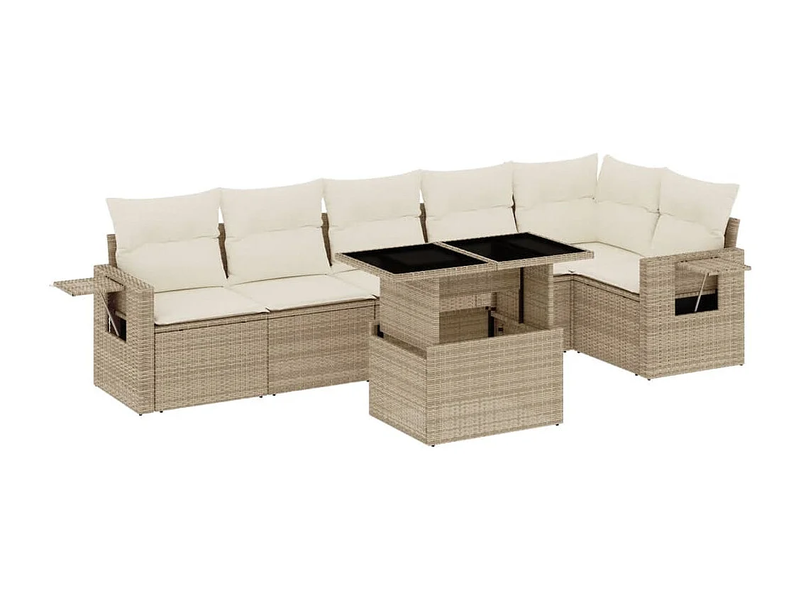 7-delige Loungeset met kussens poly rattan beige