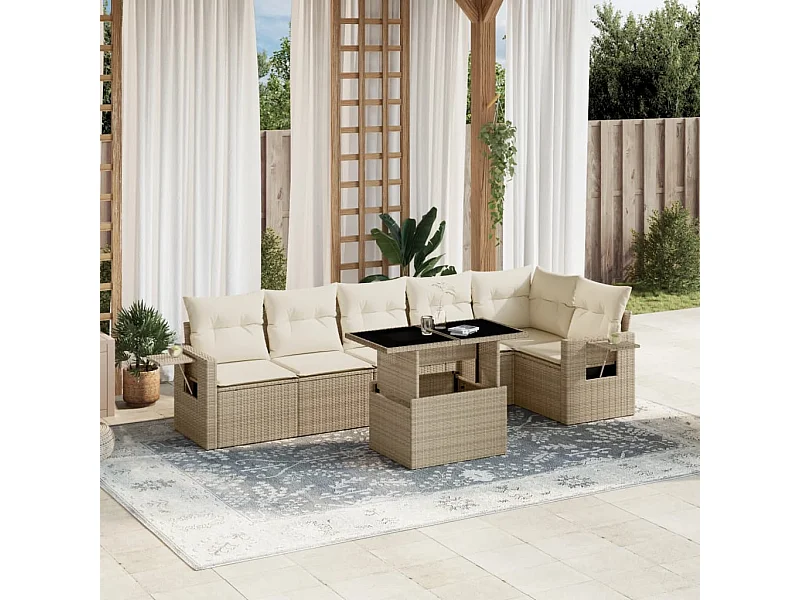 Salon de jardin avec coussins 7 pièces beige résine tressée