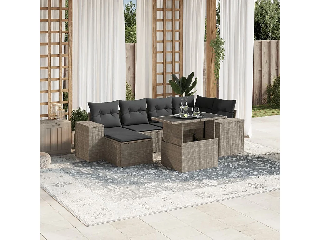 Set de sofás de jardín 7 piezas con cojines ratán PE gris claro