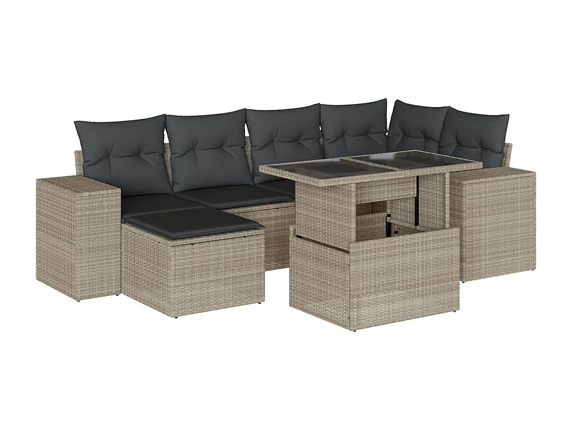 Set de sofás de jardín 7 piezas con cojines ratán PE gris claro