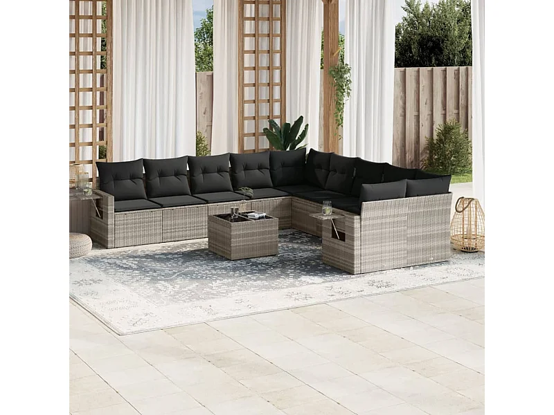 11 peças conjunto sofás de jardim com almofadões vime PE cinzento
