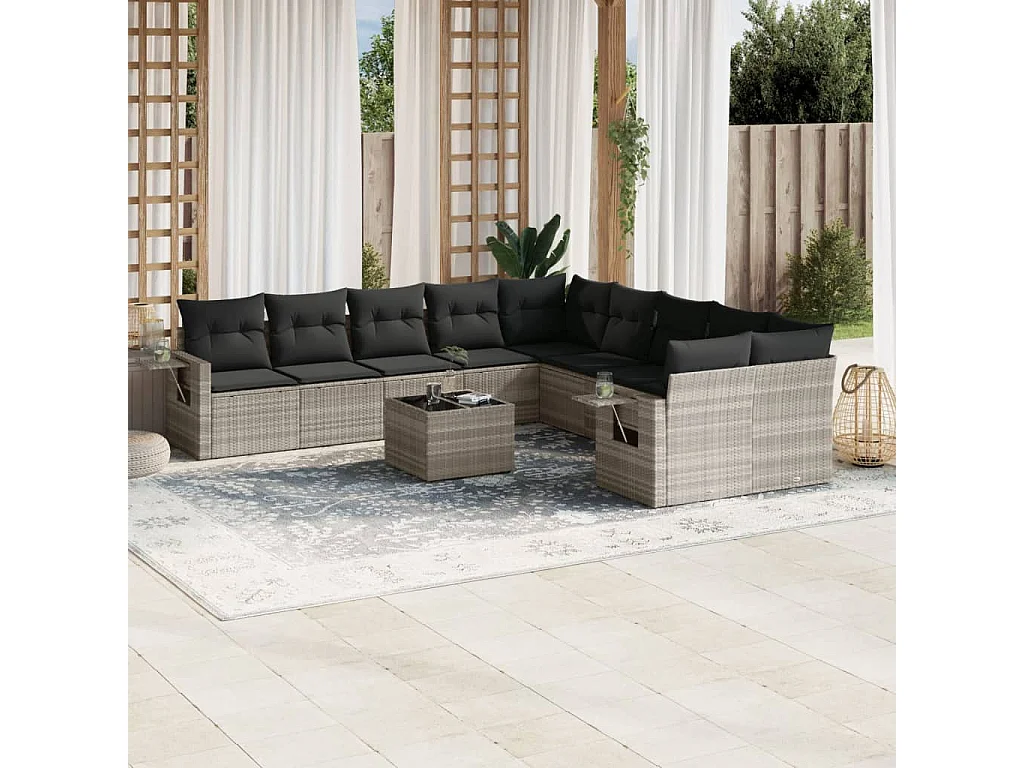 Set de sofás de jardín 11 piezas y cojines ratán sintético gris