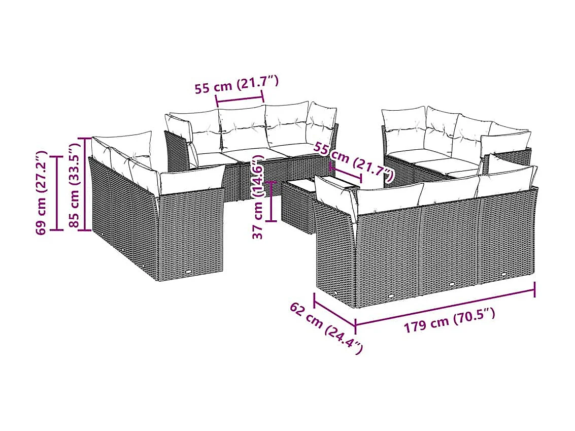 Salon de jardin avec coussins 13 pièces gris clair résine tressée