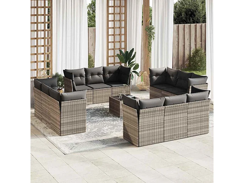 Set sofás de jardín con cojines 13 piezas ratán sintético gris