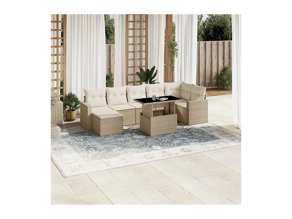 8-delige Loungeset met kussens poly rattan beige