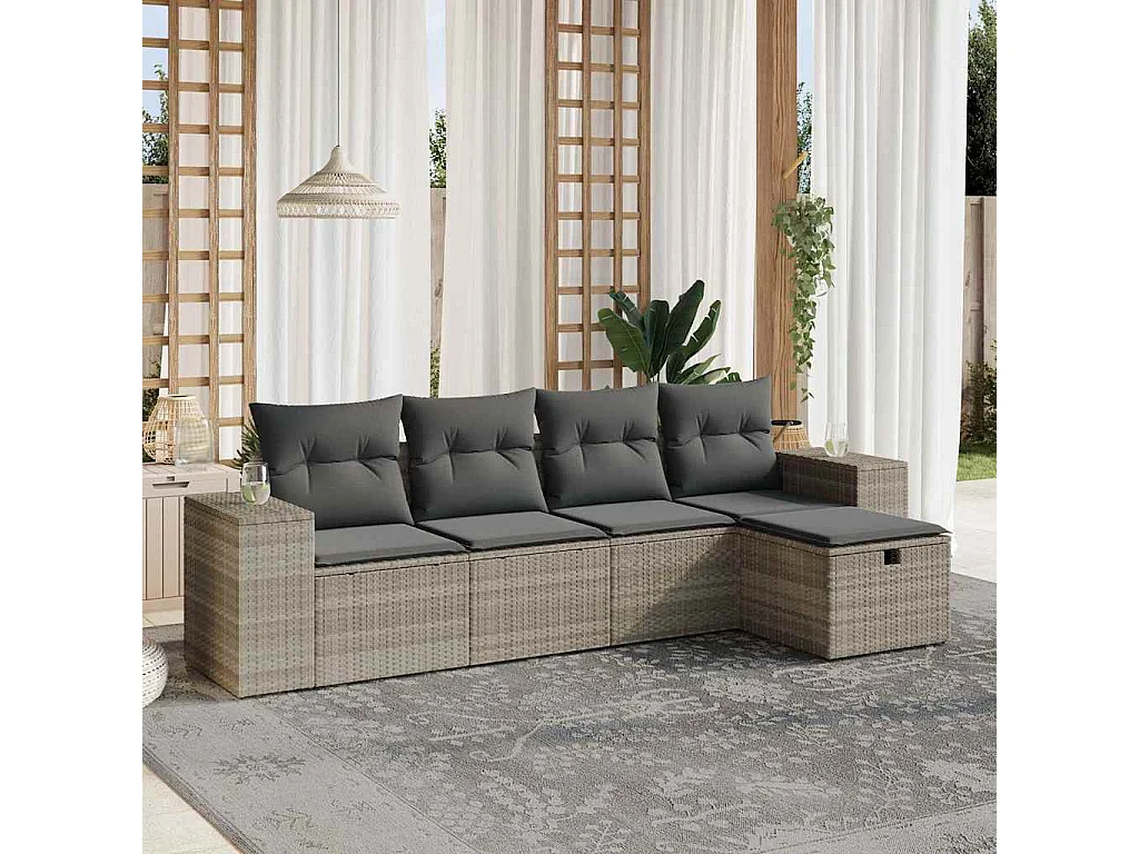 Salon de jardin 5 pièces avec coussins gris clair résine tressée