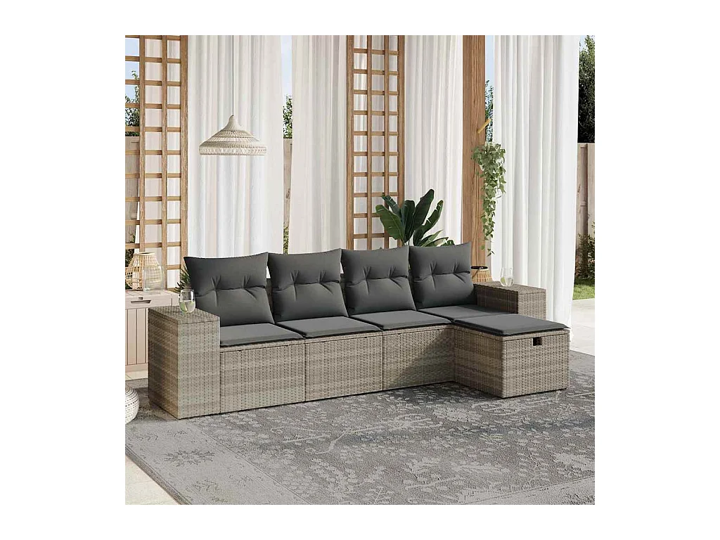 Salon de jardin 5 pièces avec coussins gris clair résine tressée