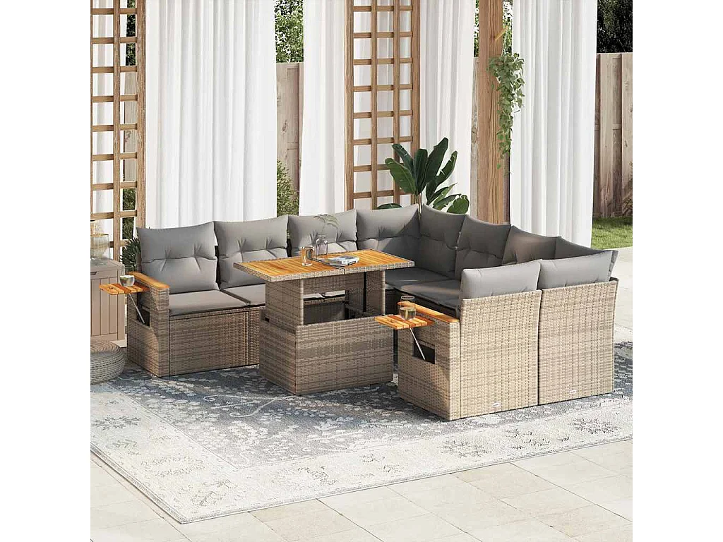 9 peças conjunto sofás jardim com almofadões vime PE/acácia bege