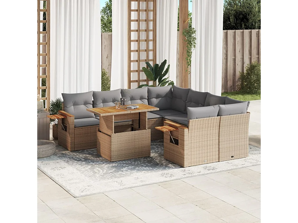 Salon de jardin avec coussins 9 pièces beige résine tressée