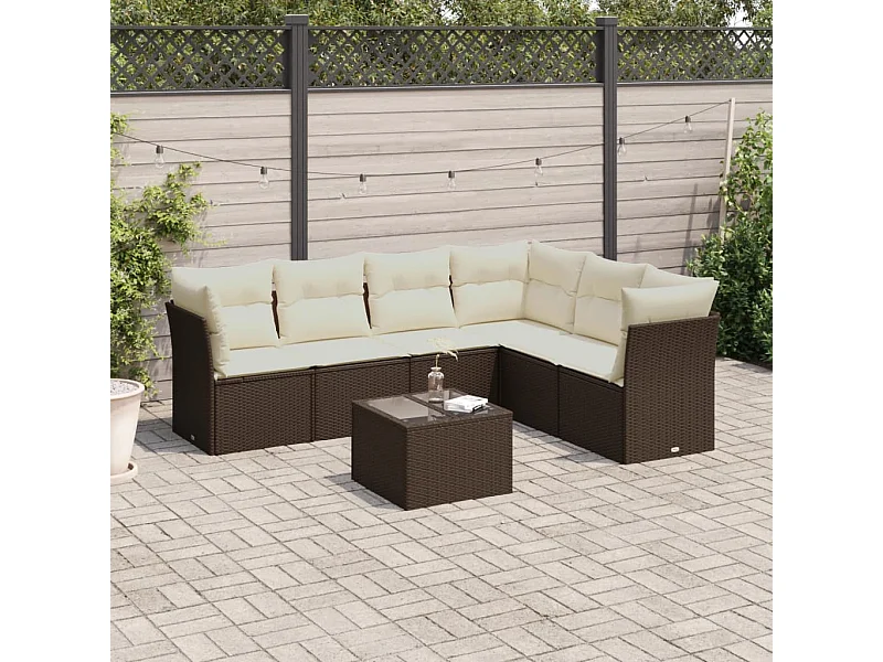 Salon de jardin avec coussins 7 pièces marron résine tressée