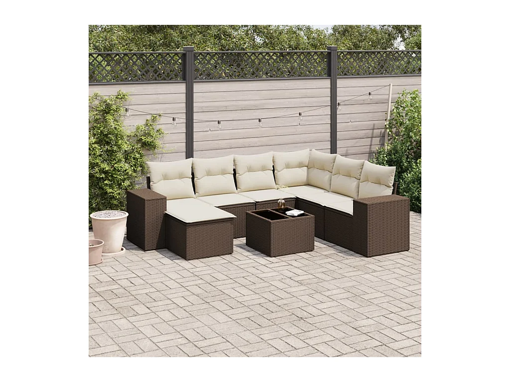 Salon de jardin 8 pièces avec coussins marron résine tressée