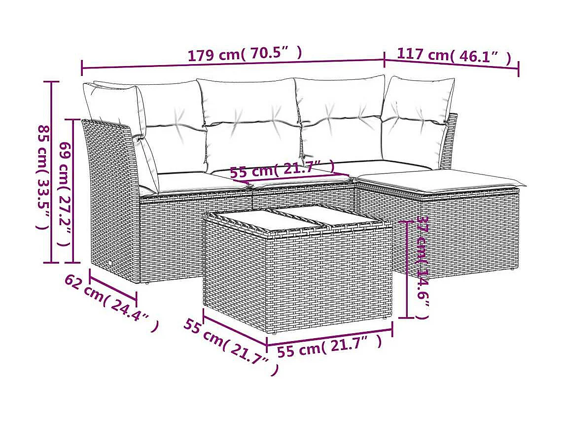 5 peças conj. sofás jardim com almofadões vime PE cinzento-claro