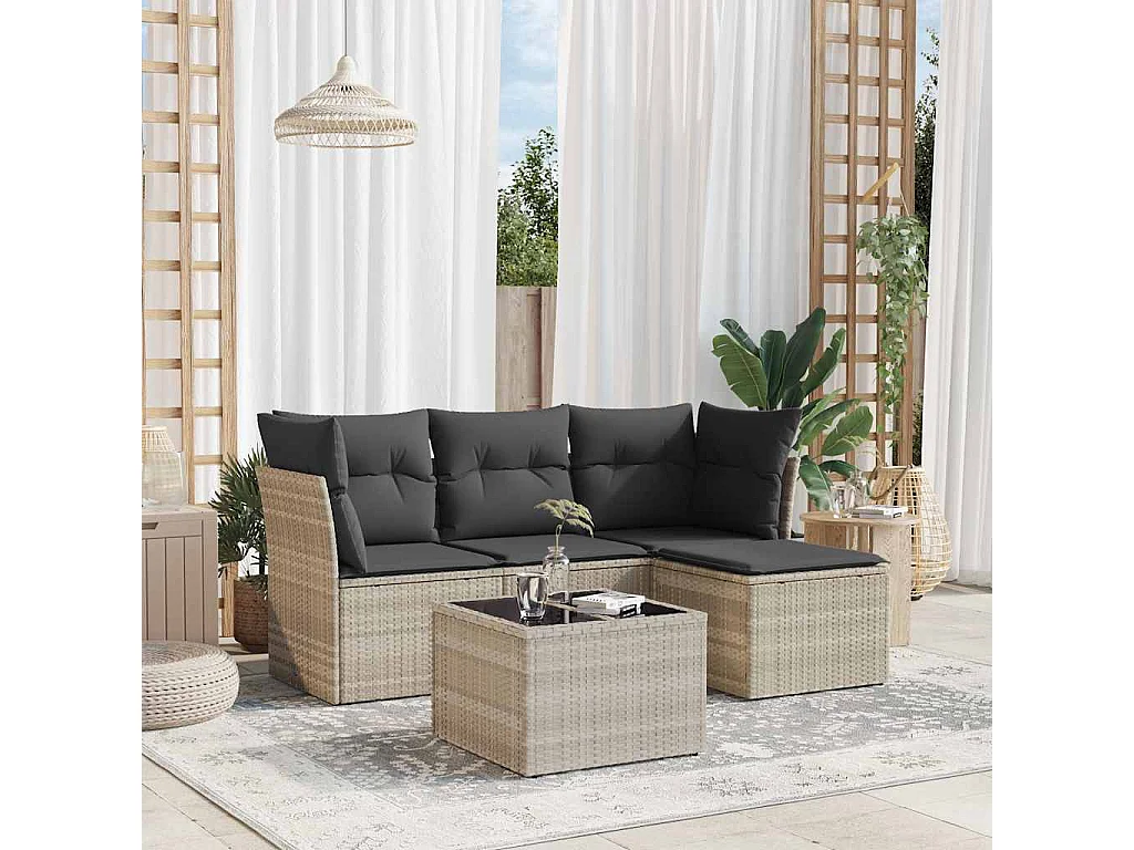 Salon de jardin 5 pièces avec coussins gris clair résine tressée