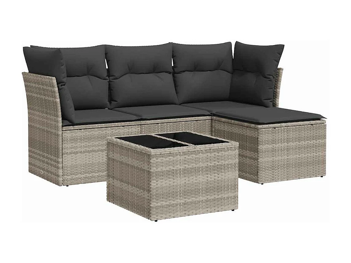 Salon de jardin 5 pièces avec coussins gris clair résine tressée