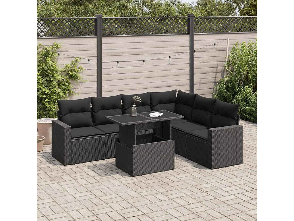 7-delige Loungeset met kussens poly rattan zwart
