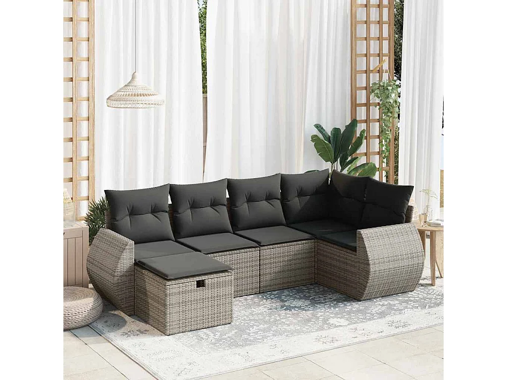 6-delige Loungeset met kussens poly rattan grijs