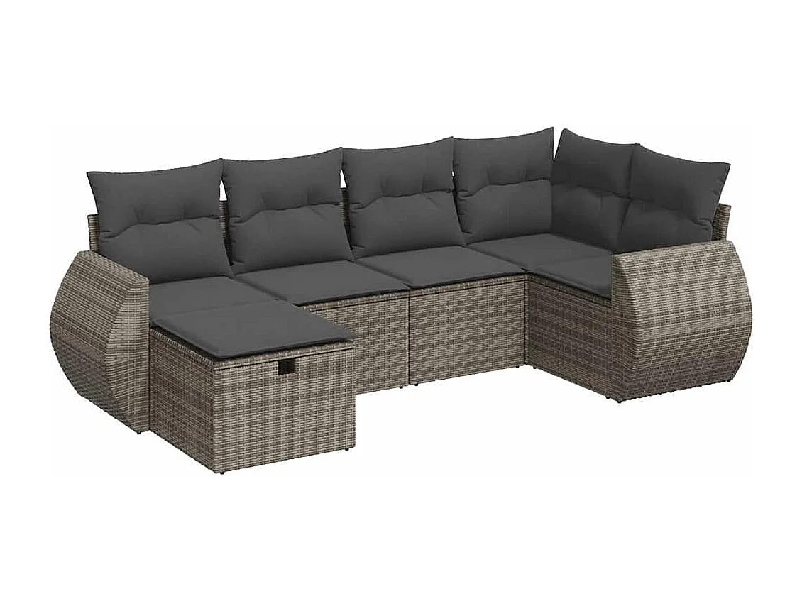 6-delige Loungeset met kussens poly rattan grijs
