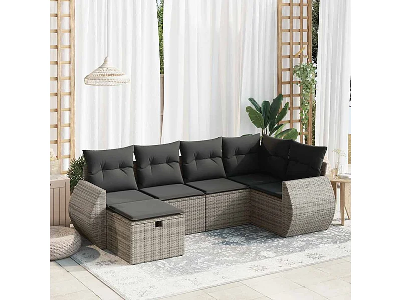 6-delige Loungeset met kussens poly rattan grijs