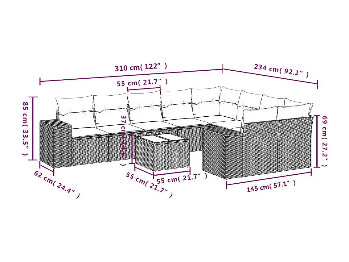 10-delige Loungeset met kussens poly rattan bruin