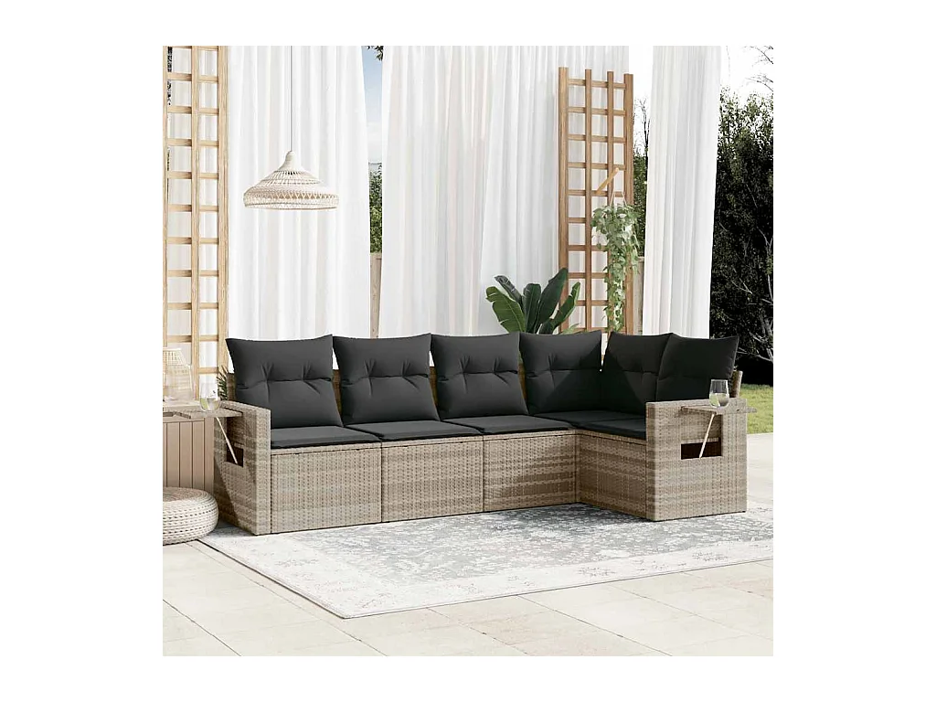 Salon de jardin 5 pièces avec coussins gris clair résine tressée
