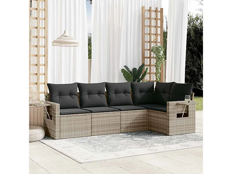 Salon de jardin 5 pièces avec coussins gris clair résine tressée