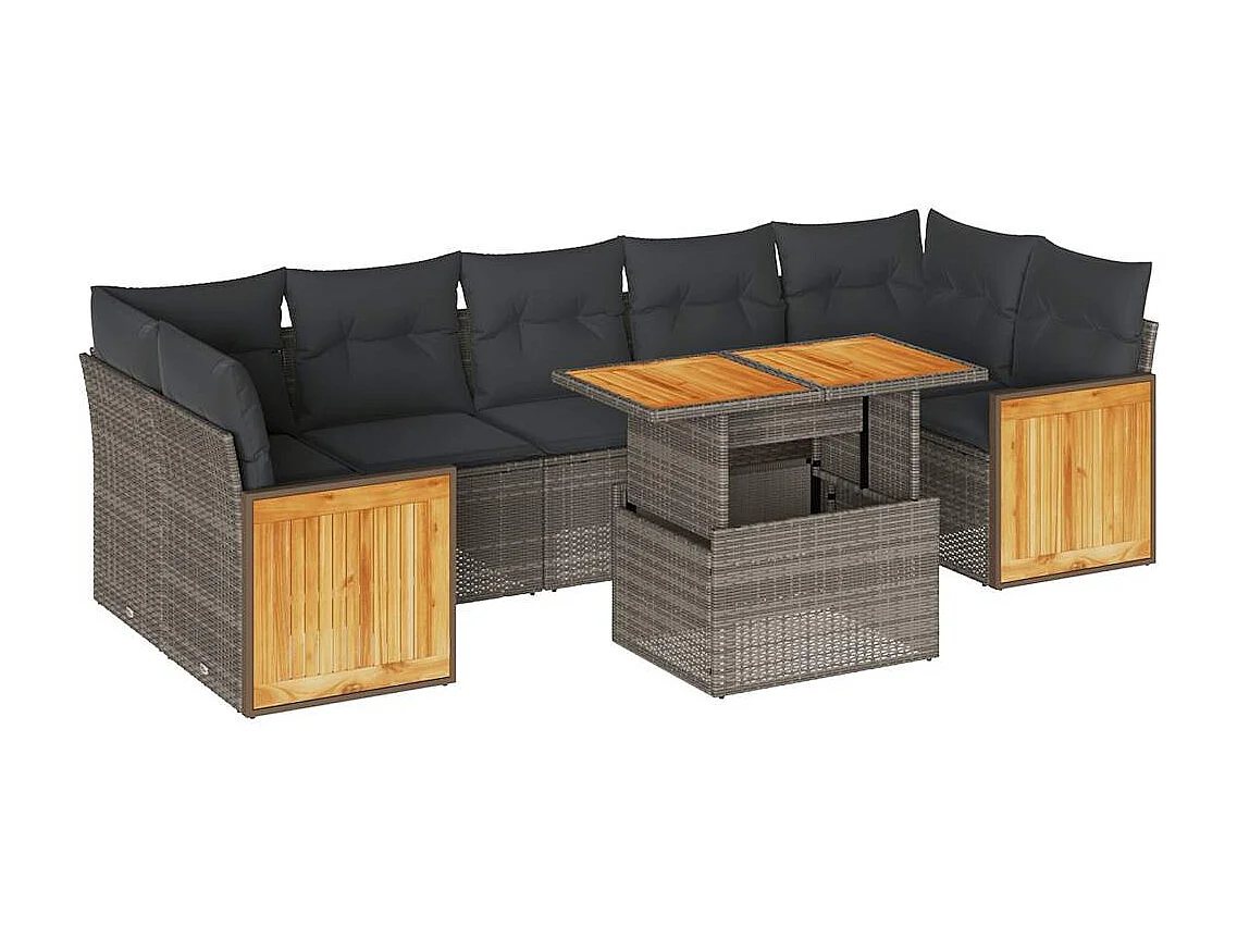 Salon de jardin avec coussins 8 pièces gris résine tressée acacia