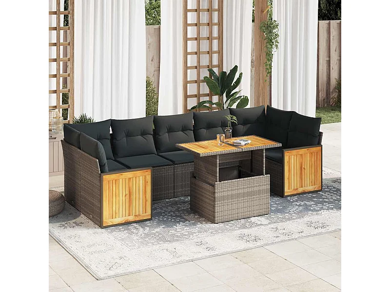 8 peças conjunto sofás jardim almofadões vime PE/acácia cinzento