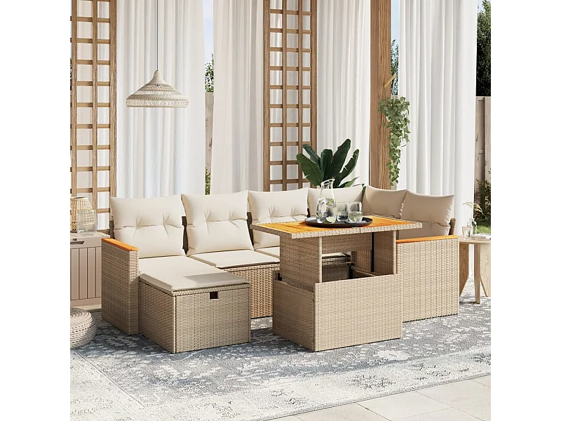 Salon de jardin avec coussins 7 pièces beige résine tressée