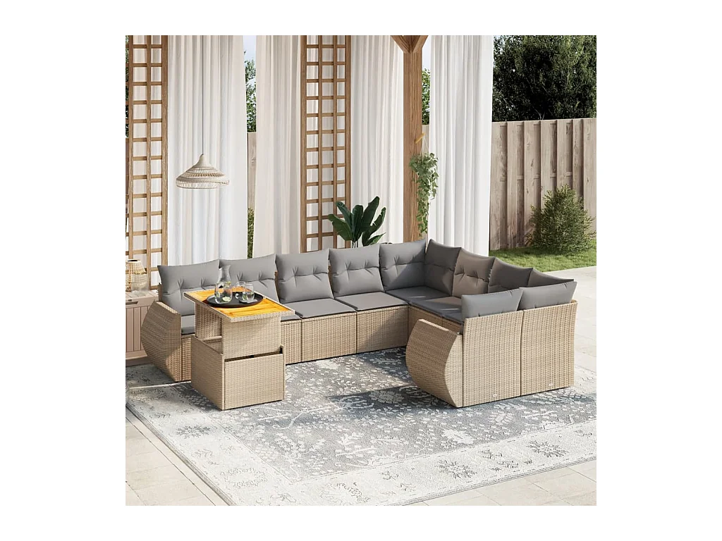 Salon de jardin avec coussins 10 pièces beige résine tressée
