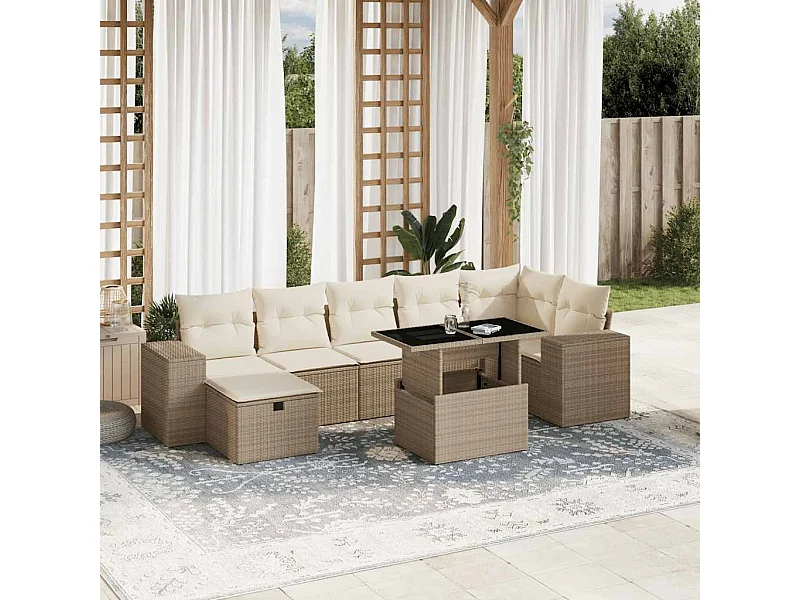 Salon de jardin avec coussins 8 pièces beige résine tressée