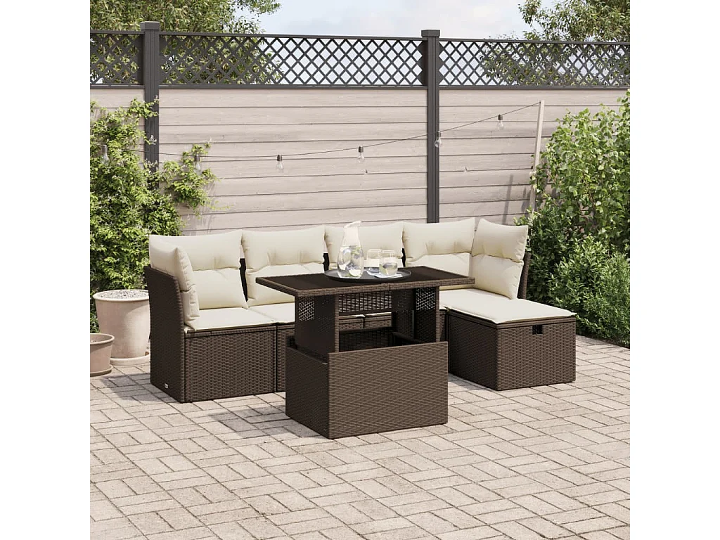 Set sofás de jardín 6 piezas y cojines ratán sintético marrón