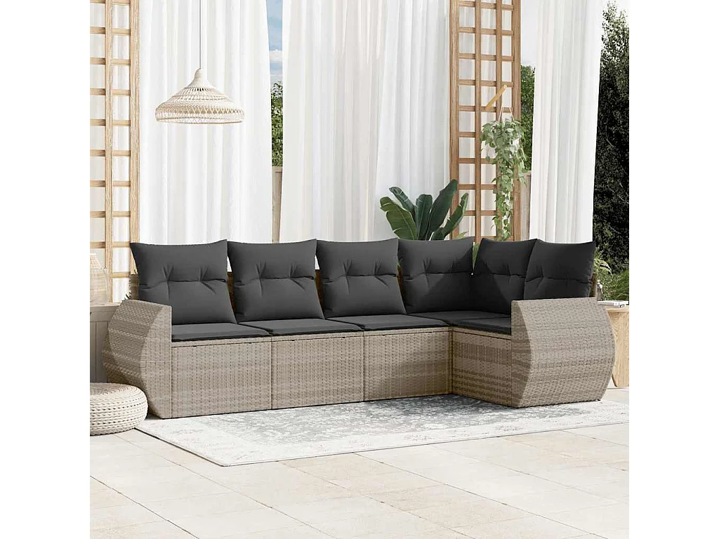 Salon de jardin 5 pièces avec coussins gris clair résine tressée