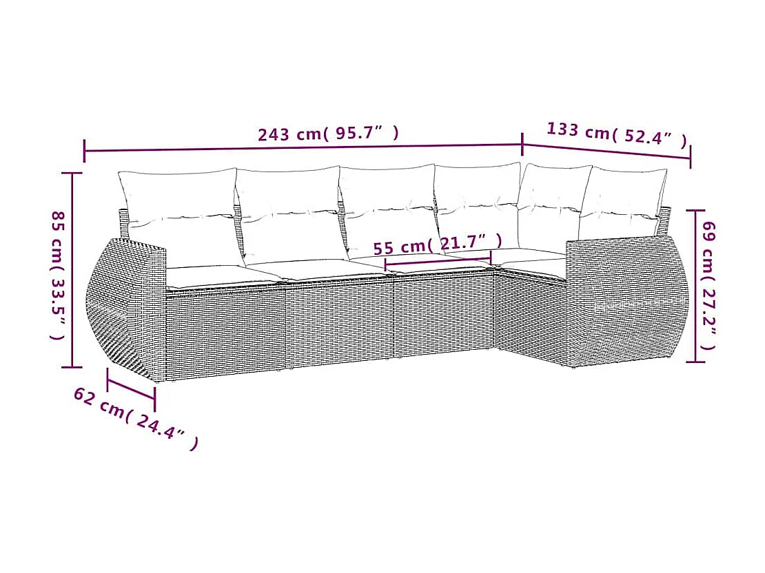 Salon de jardin 5 pièces avec coussins gris clair résine tressée