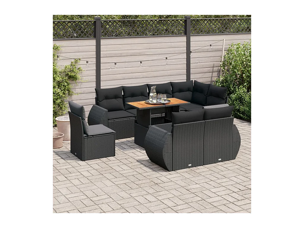 Set de sofás de jardín con cojines 9 piezas ratán sintético negro