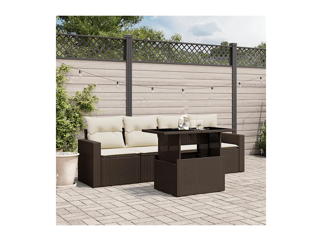 5-delige Loungeset met kussens poly rattan bruin