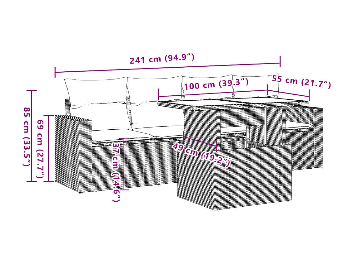 5-delige Loungeset met kussens poly rattan bruin