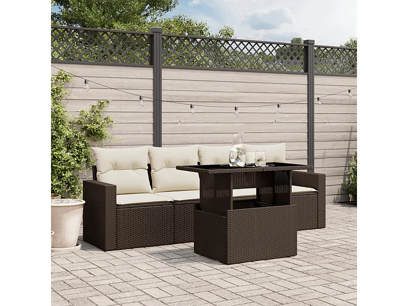 5-delige Loungeset met kussens poly rattan bruin