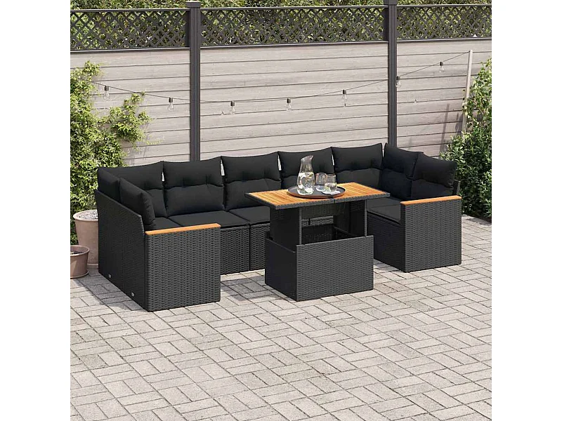 Set sofás jardín y cojines 7 piezas ratán sintético acacia negro