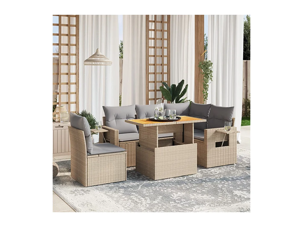 Salon de jardin avec coussins 6 pièces beige résine tressée