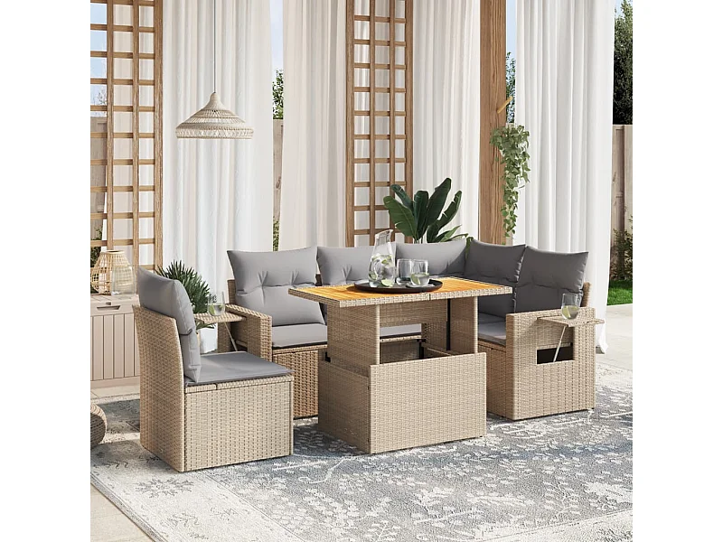 Salon de jardin avec coussins 6 pièces beige résine tressée