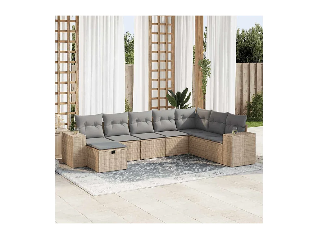 8 peças conjunto de sofás para jardim com almofadões vime PE bege