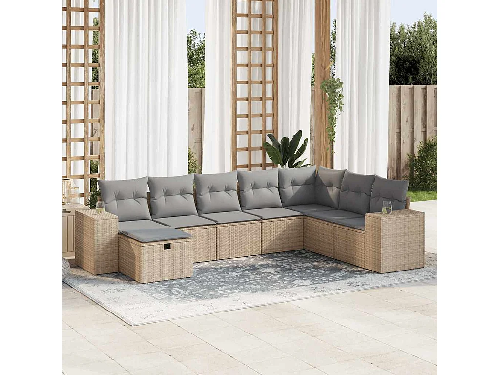 8-delige Loungeset met kussens poly rattan beige