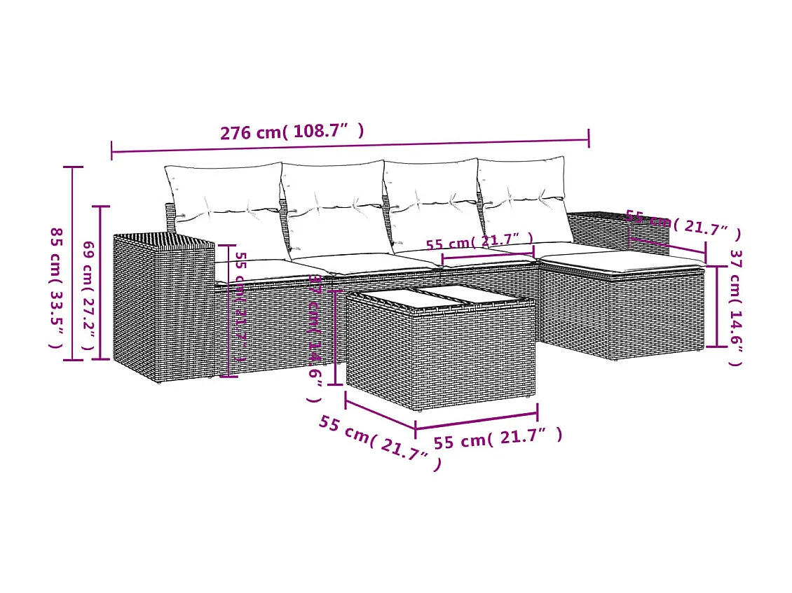 6-delige Loungeset met kussens poly rattan bruin