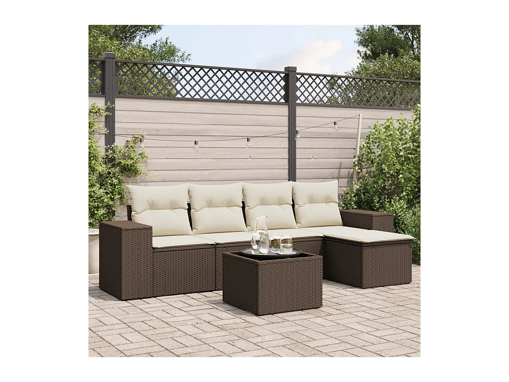6 peças conjunto de sofás jardim com almofadões vime PE castanho