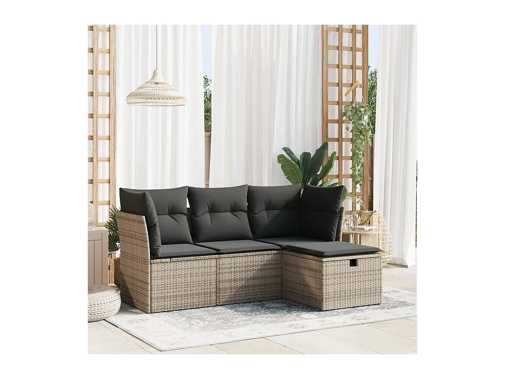 Set de sofás de jardín 4 piezas y cojines ratán sintético gris