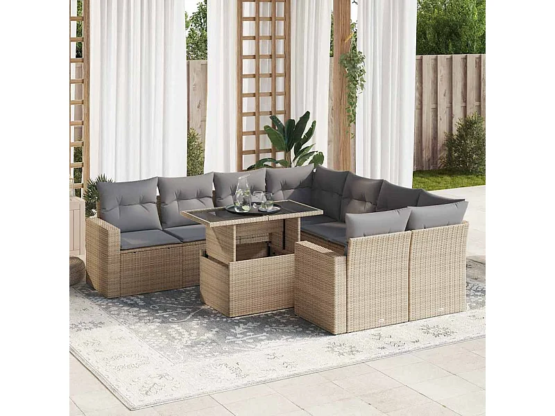Salon de jardin avec coussins 9 pièces beige résine tressée