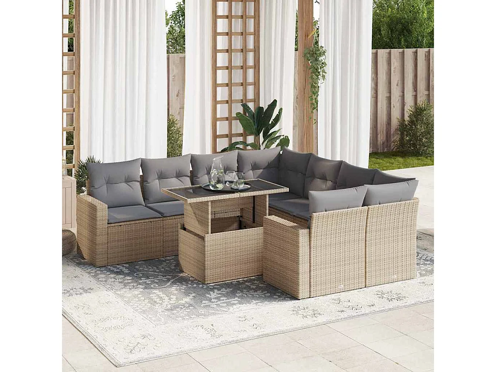 Salon de jardin avec coussins 9 pièces beige résine tressée