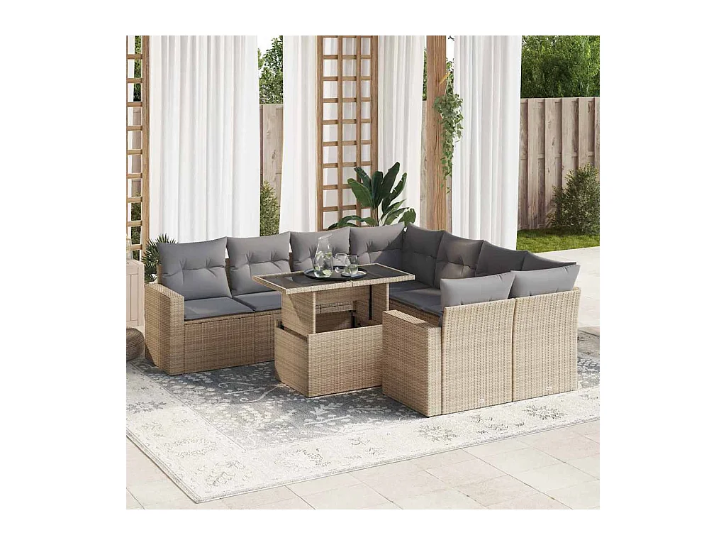 Salon de jardin avec coussins 9 pièces beige résine tressée